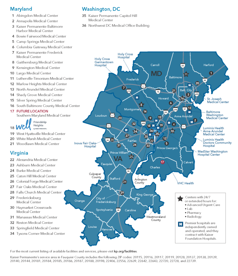 Mid-Atlantic States Service area map with hospitals